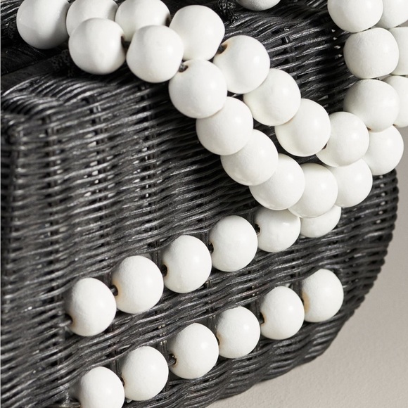 Bali Beaded Straw Black and White Woven Handbag Satchel - Picture 3 of 15